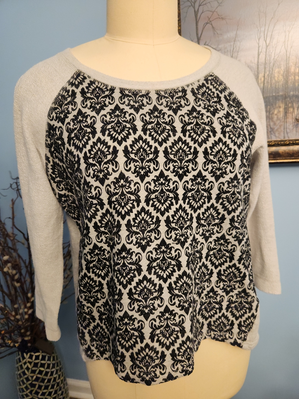French Laundry Black and Cream Damask Raglan Sweater
